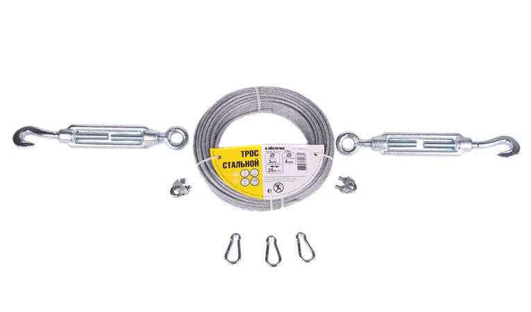 Комплект для установки ретро гирлянды: стальной трос, растяжки, карабины, крепежи